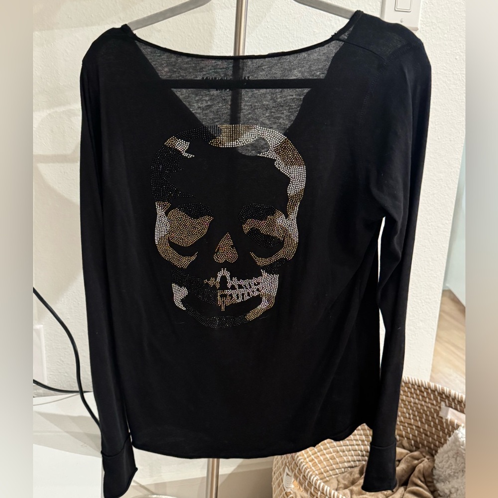 Zadig & Voltaire Black Long Sleeve Top with Rhinestone Skull